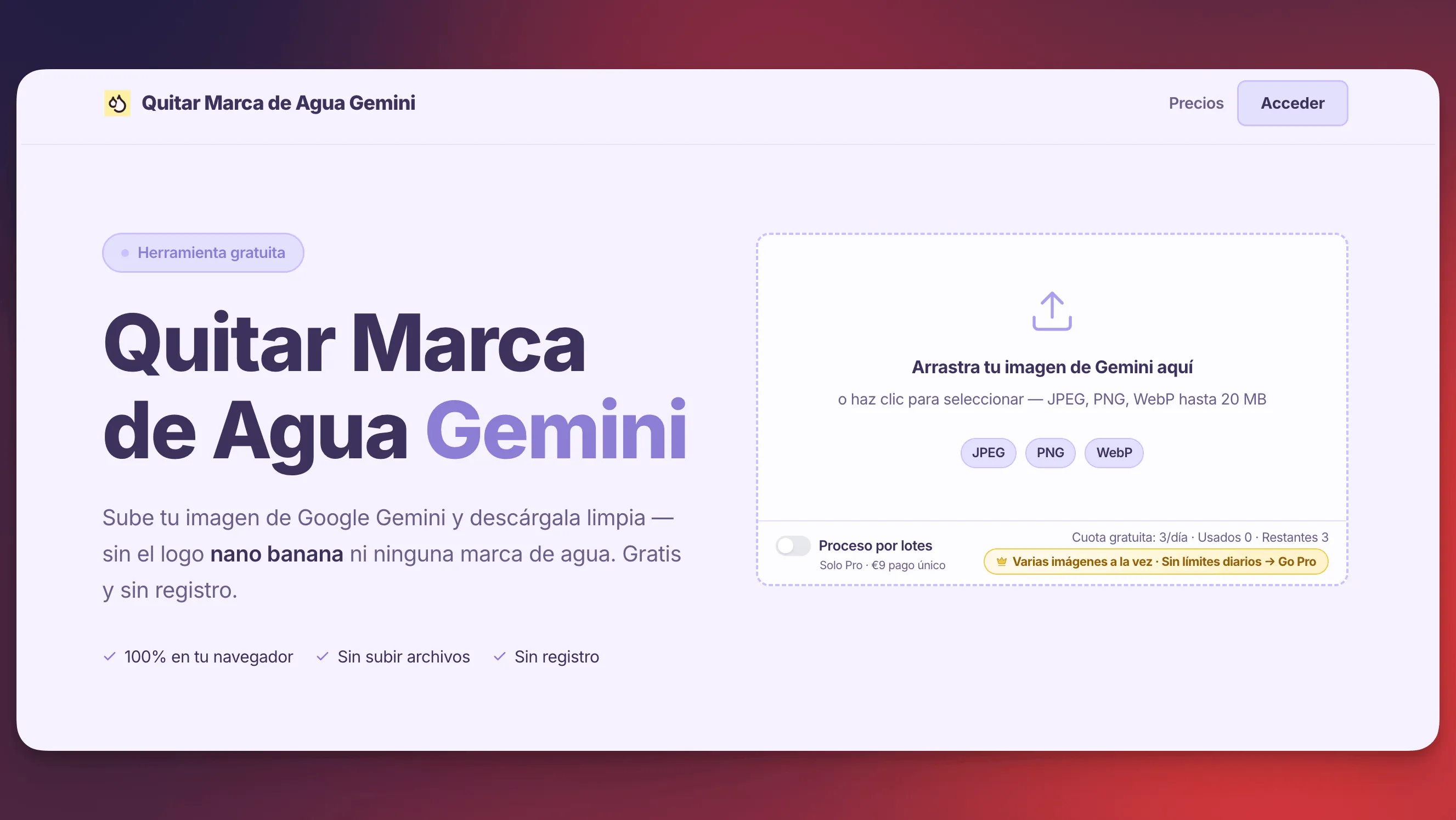 Herramienta gratuita para quitar el logo de Gemini de una imagen, con el comparador antes y después